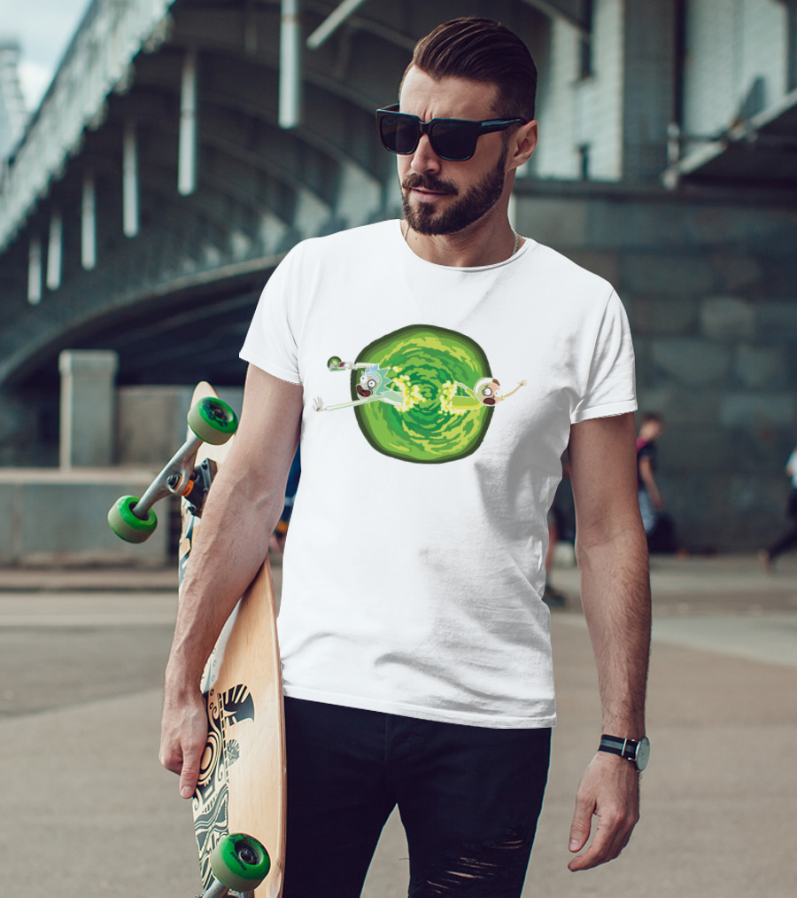 Rick And Morty Animated Portal Gun Adventure Scene T-Shirt