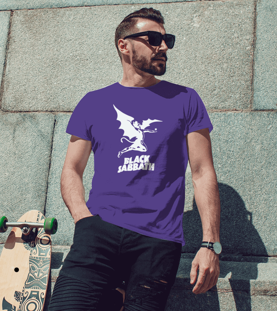 Black Sabbath Flying Devil Logo Purple Background T-Shirt