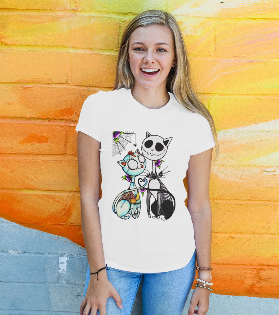 Cat Version Of Jack Skellington And Sally With Spider Web And Flowers T-Shirt