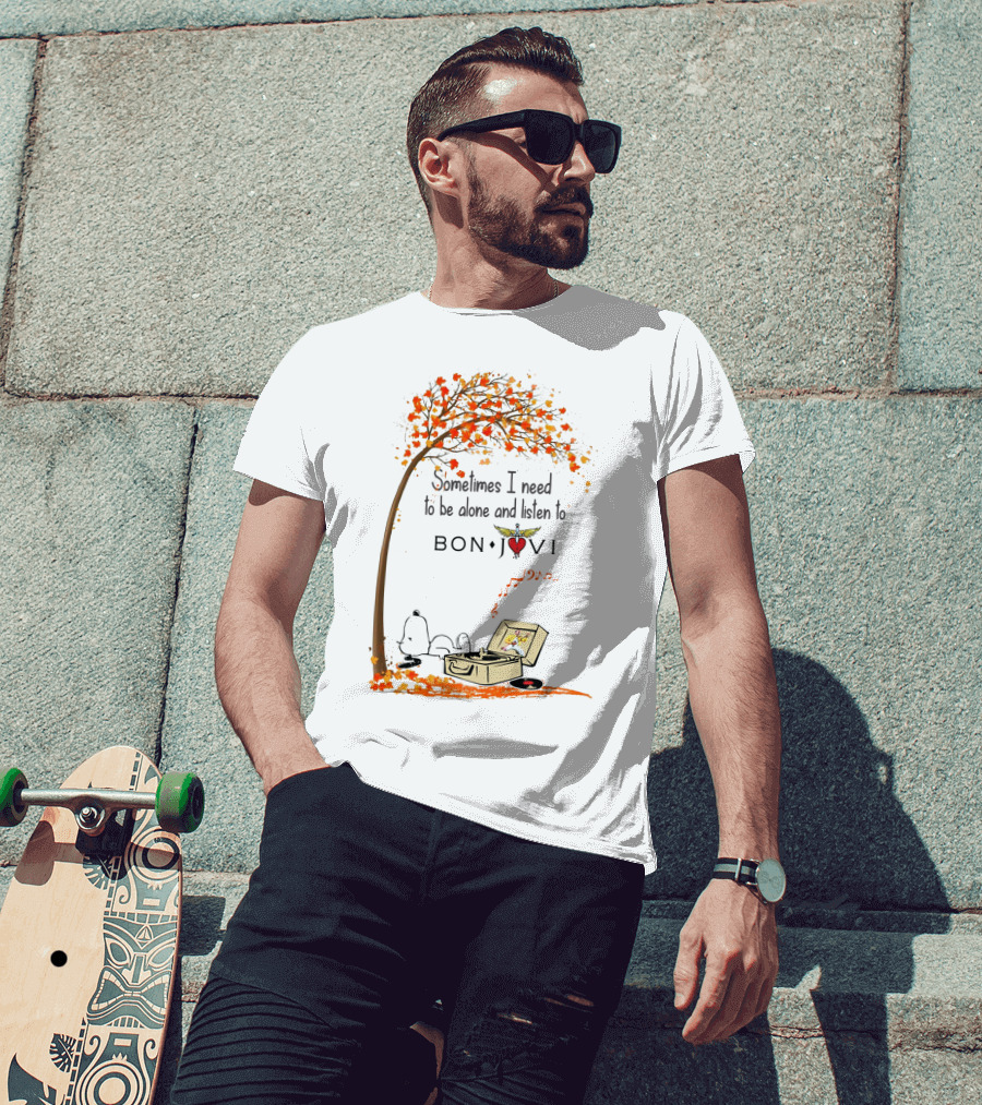 Snoopy Relaxing Under Autumn Tree Listening To Bon Jovi Vinyl Record T-Shirt