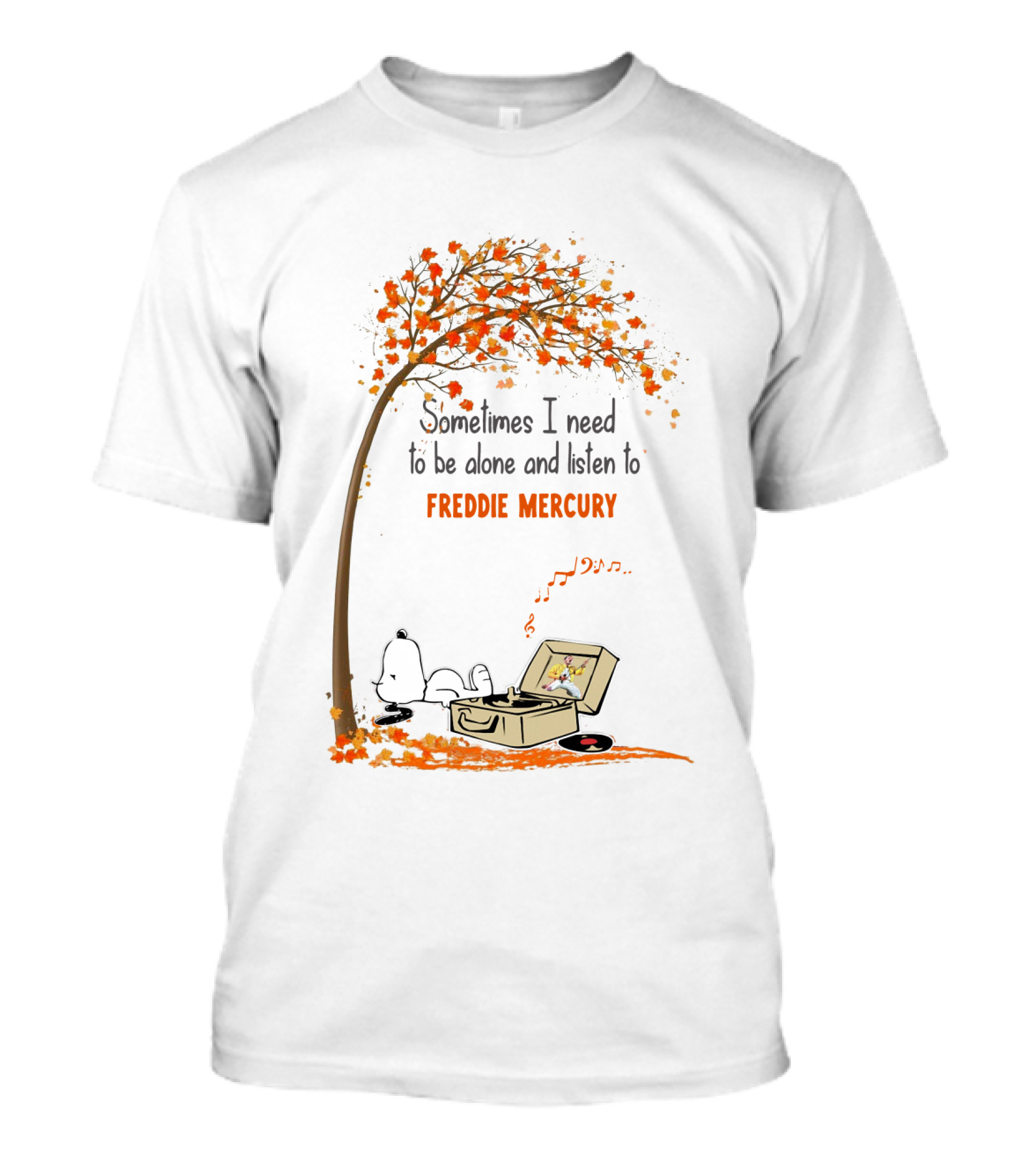 Snoopy Relaxing Under Autumn Tree Listening To Freddie Mercury Alone Vinyl Record Player T-Shirt