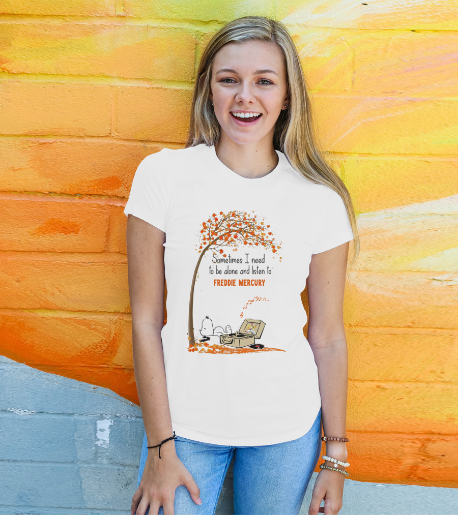 Snoopy Relaxing Under Autumn Tree Listening To Freddie Mercury Alone Vinyl Record Player T-Shirt