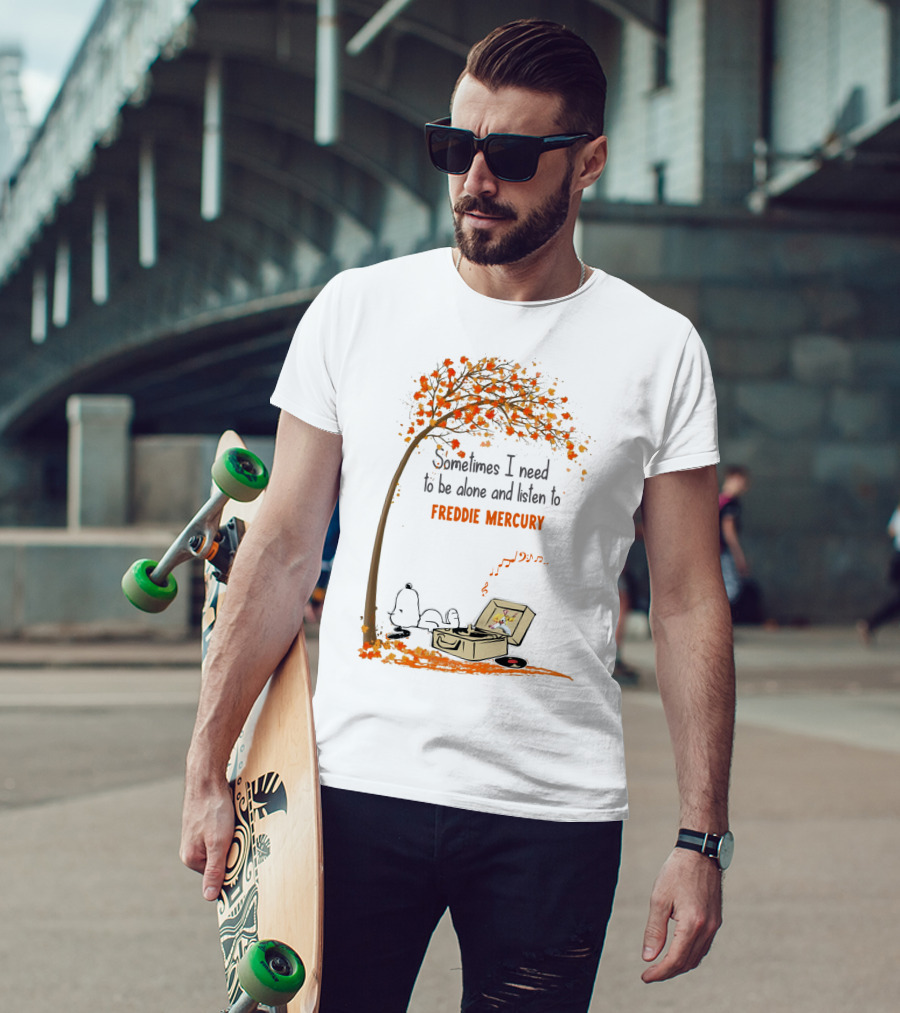 Snoopy Relaxing Under Autumn Tree Listening To Freddie Mercury Alone Vinyl Record Player T-Shirt