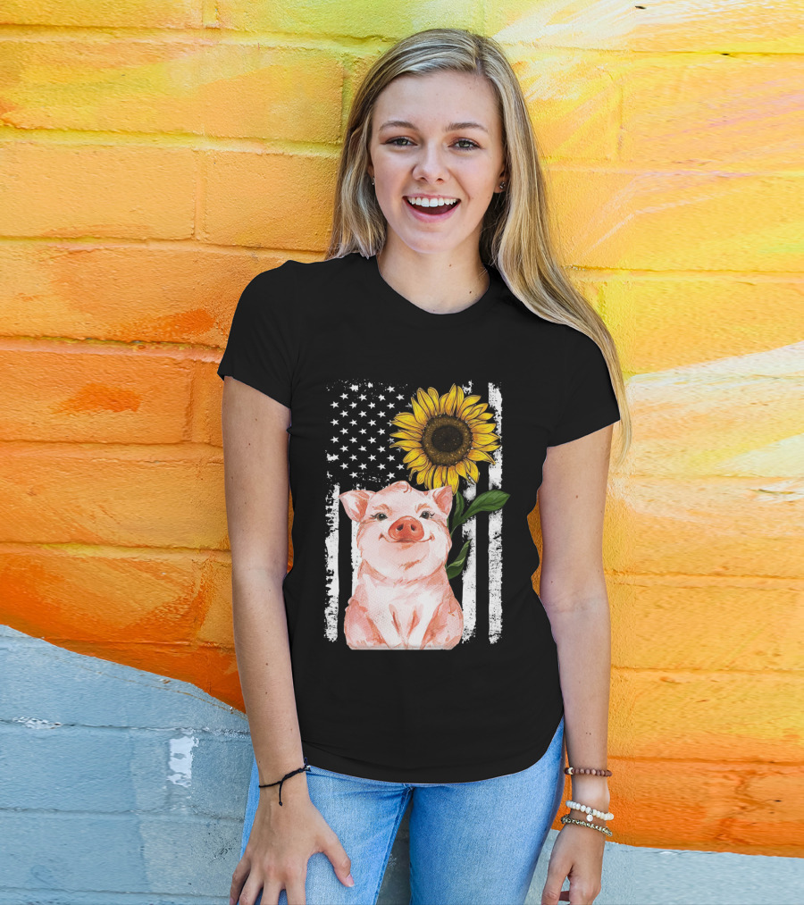 American Flag Sunflower Pig Vintage T-Shirt