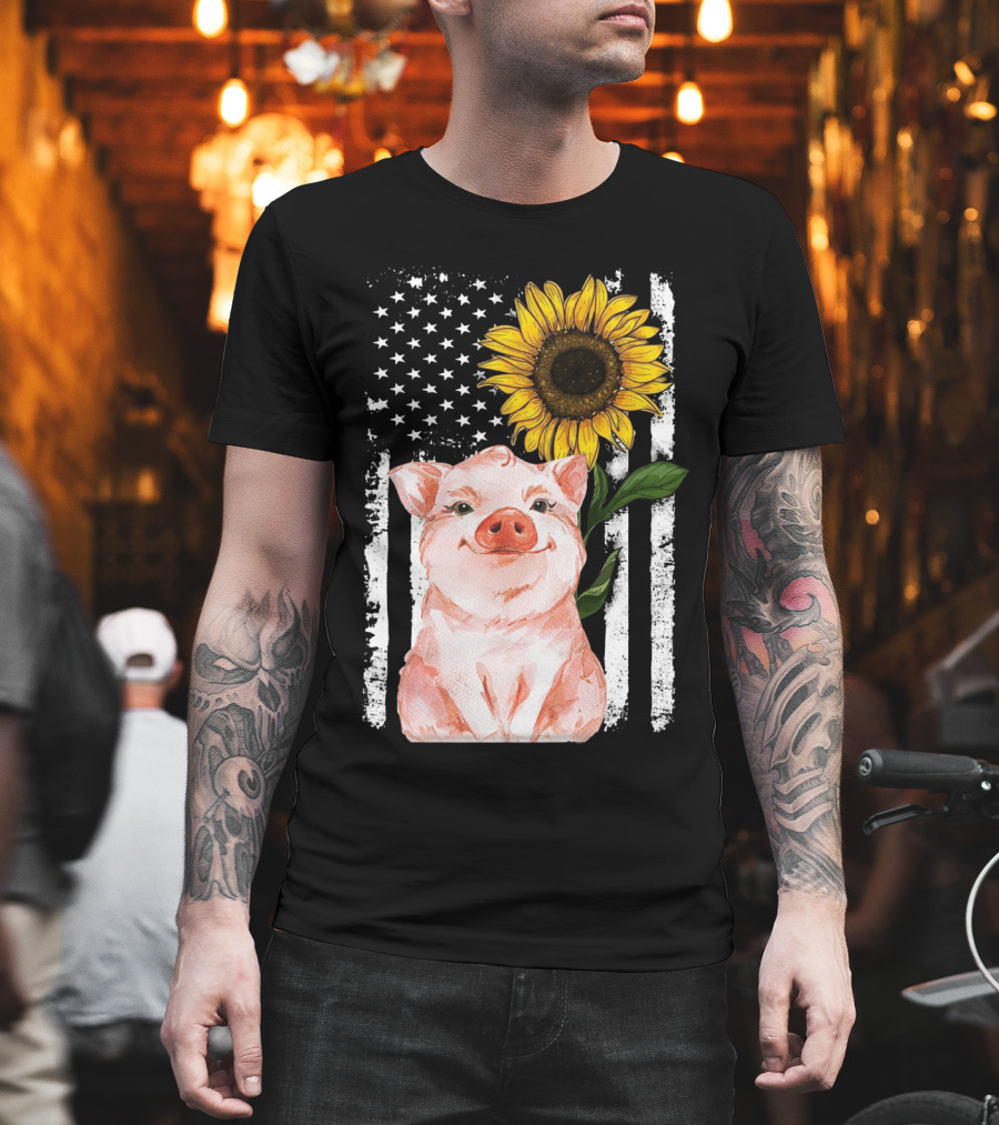 American Flag Sunflower Pig Vintage T-Shirt
