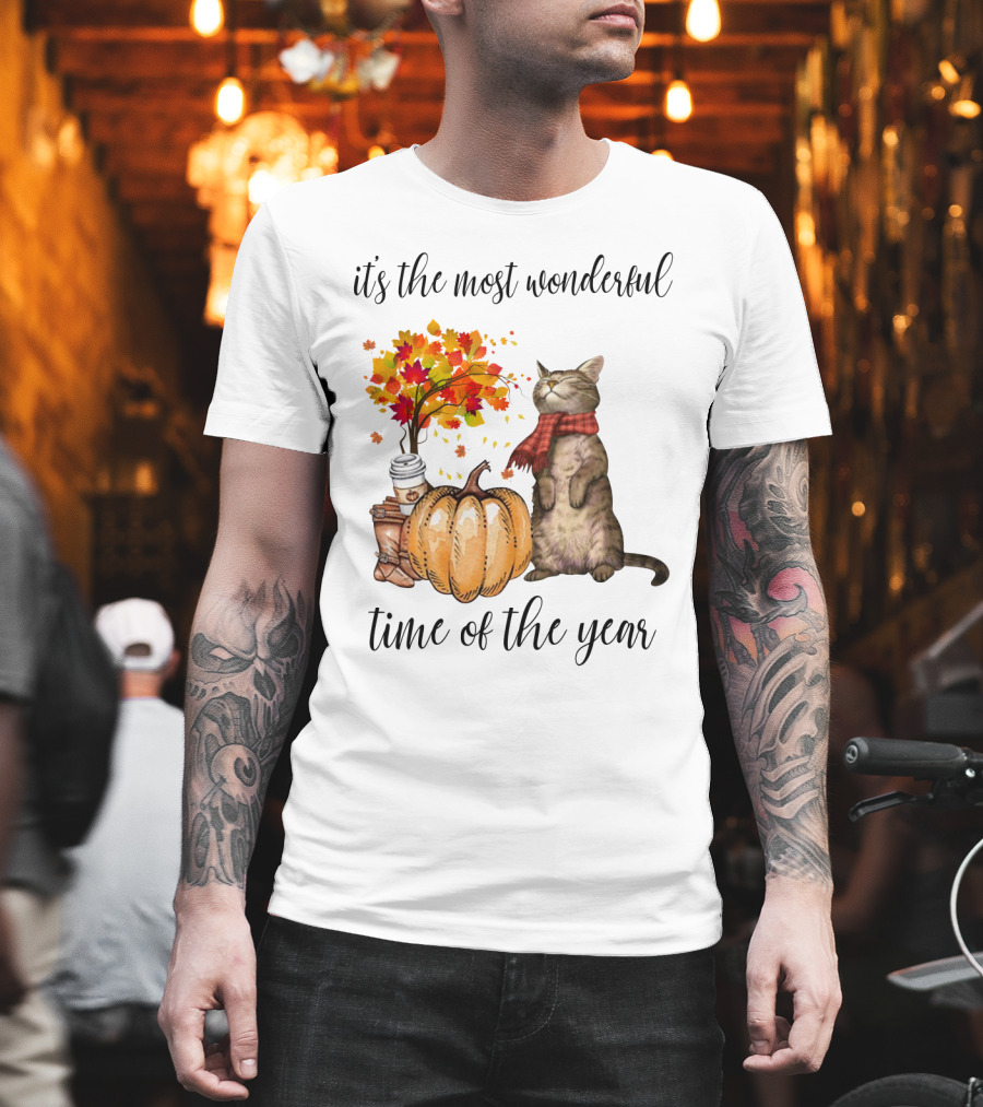 It's the Most Wonderful Time of the Year Autumn Cat with Scarf and Pumpkin T-Shirt