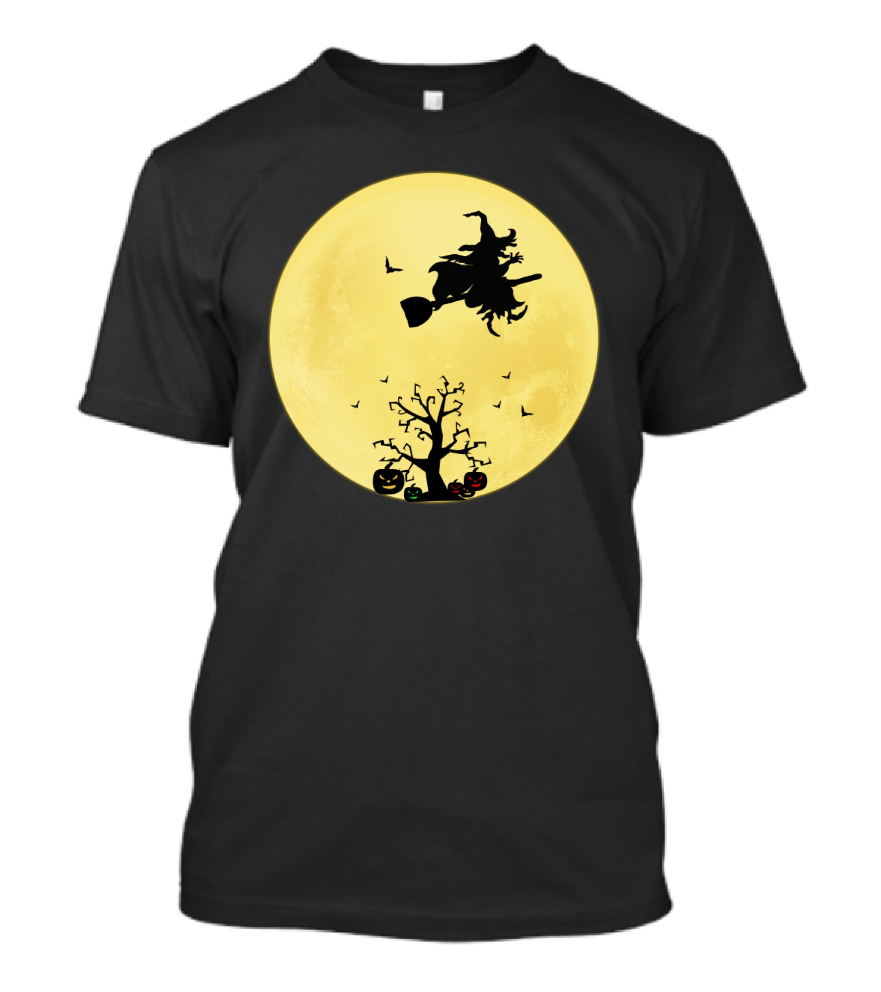 Halloween Witch Flying On Broomstick Over Full Moon With Jack-O'-Lanterns T-Shirt