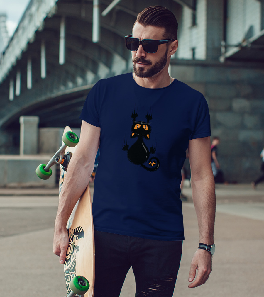 Cartoon Cute Halloween Black Cat With Orange Eyes And Scratching Claws T-Shirt