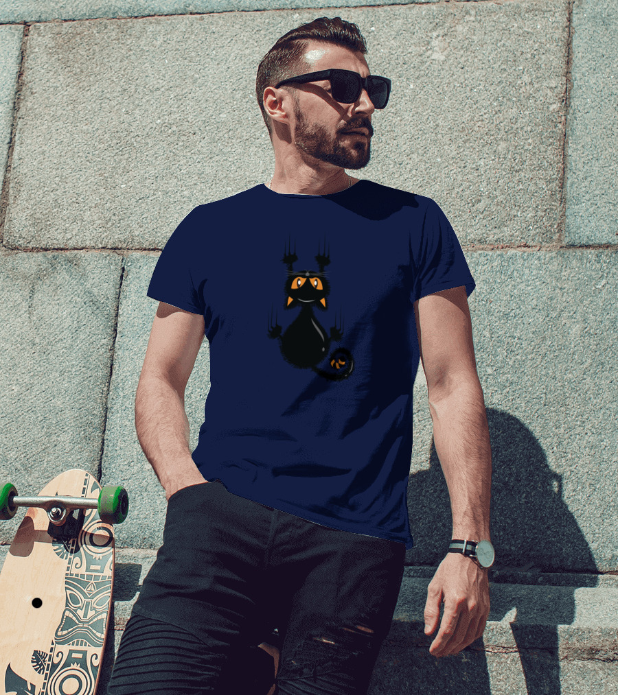 Cartoon Cute Halloween Black Cat With Orange Eyes And Scratching Claws T-Shirt