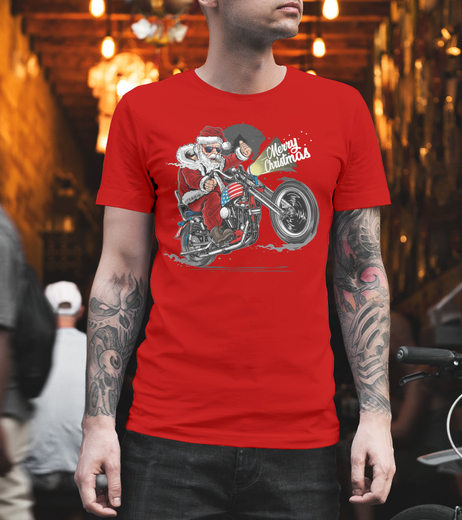 Merry Christmas Santa Claus Motorcycle USA America T-Shirt