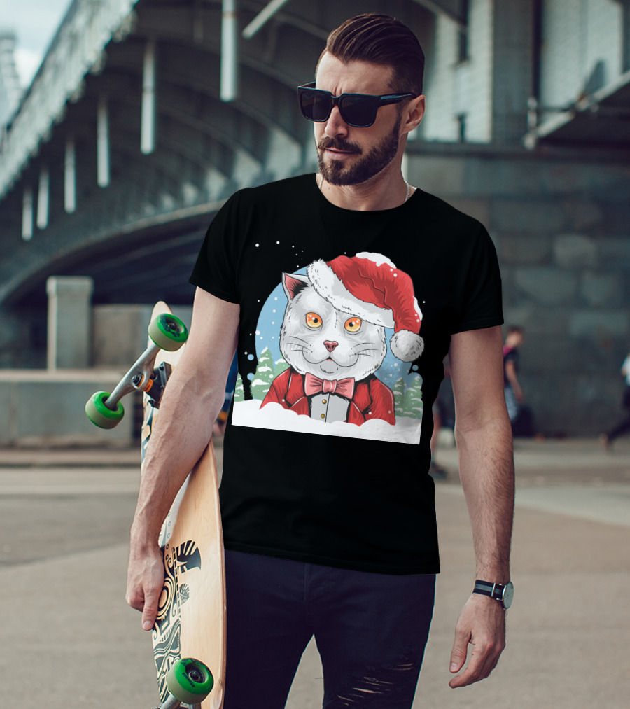 Santa Claus Cat In Winter Wonderland Christmas Scene T-Shirt