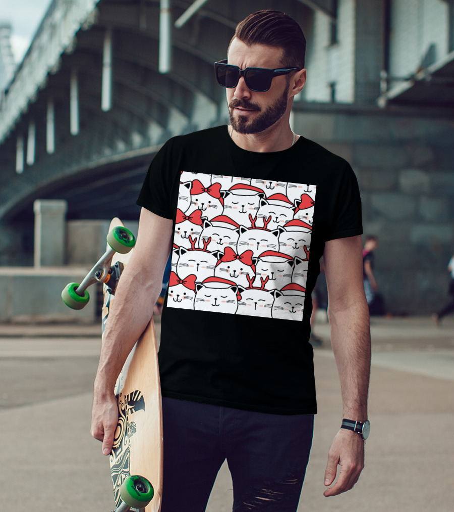 Cute Cat Christmas Santa Hats And Red Bows T-Shirt