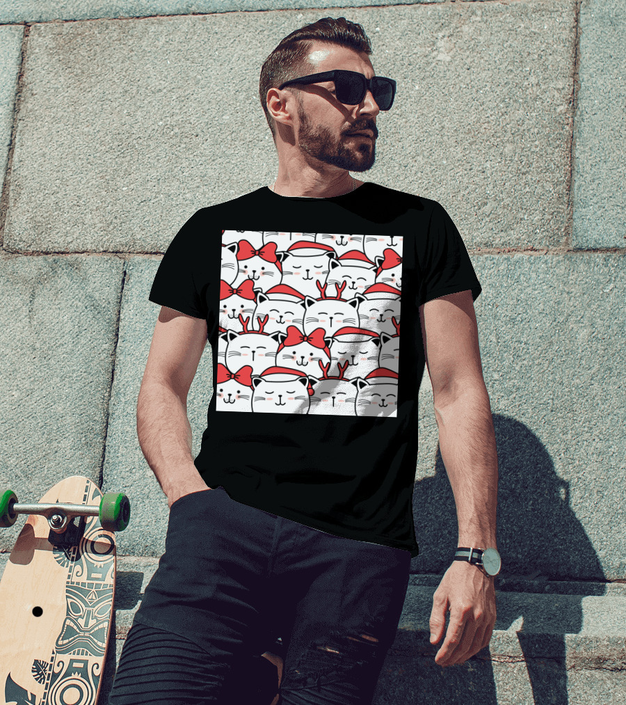 Cute Cat Christmas Santa Hats And Red Bows T-Shirt