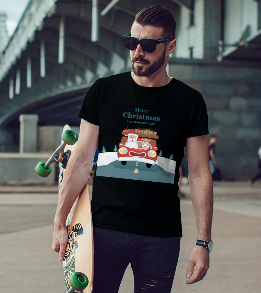 Merry Christmas And Happy New Year Reindeer Drives Car With Santa Claus T-Shirt