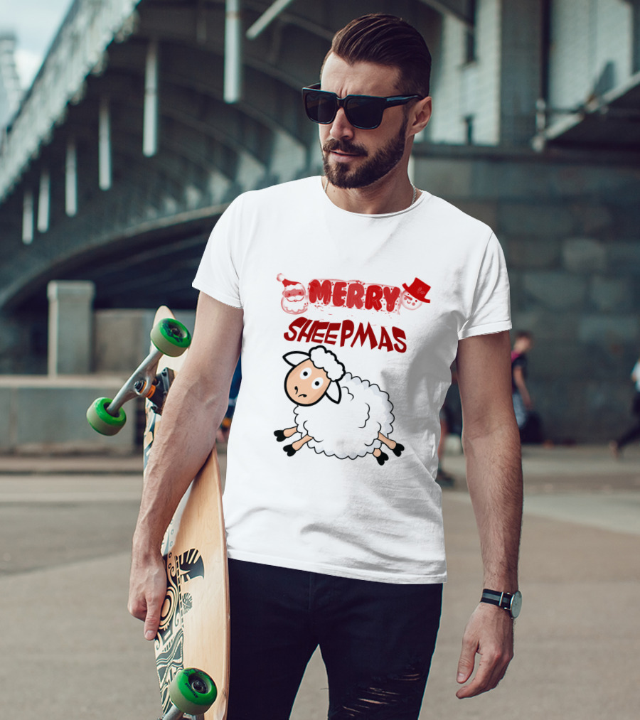 Merry Sheepmas Funny Christmas Santa Sheep With Snowman Hat T-Shirt