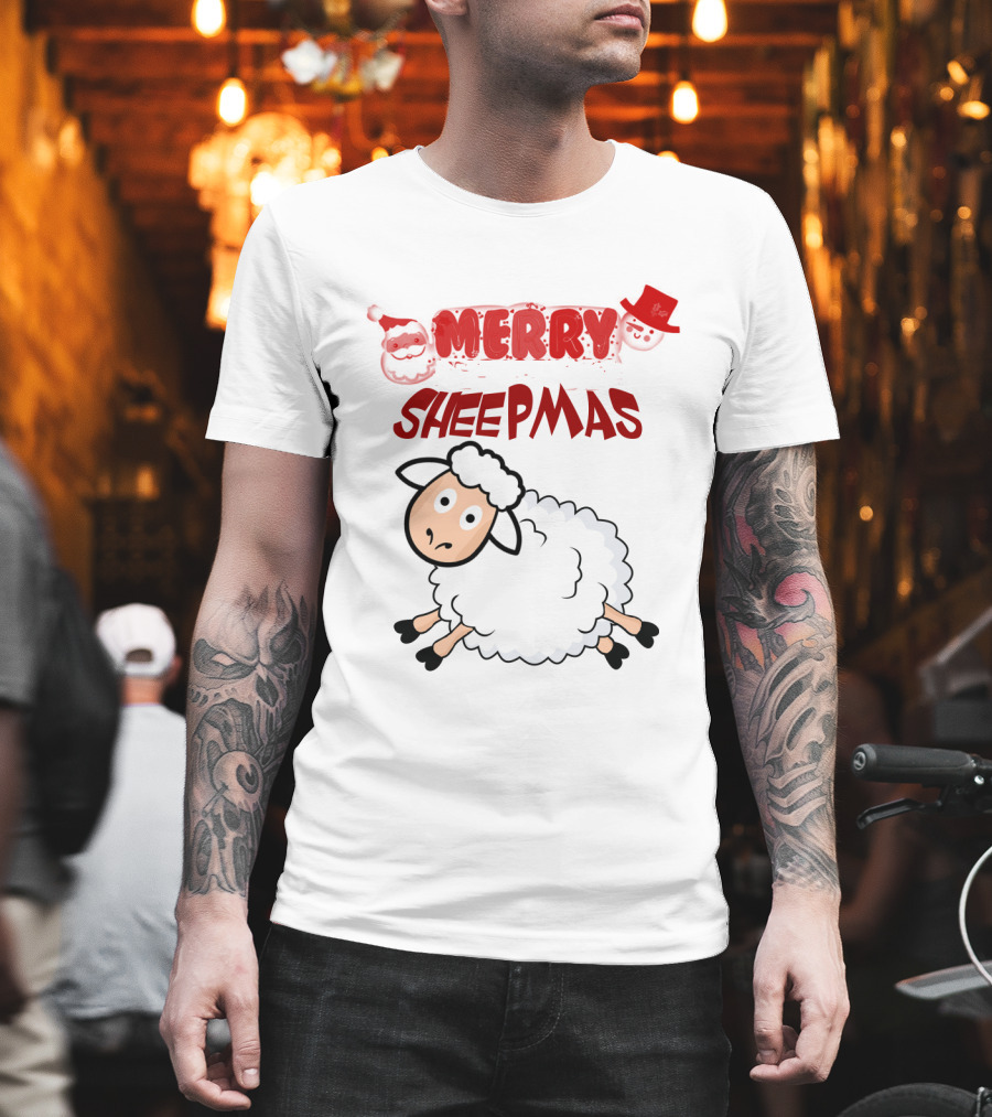 Merry Sheepmas Funny Christmas Santa Sheep With Snowman Hat T-Shirt