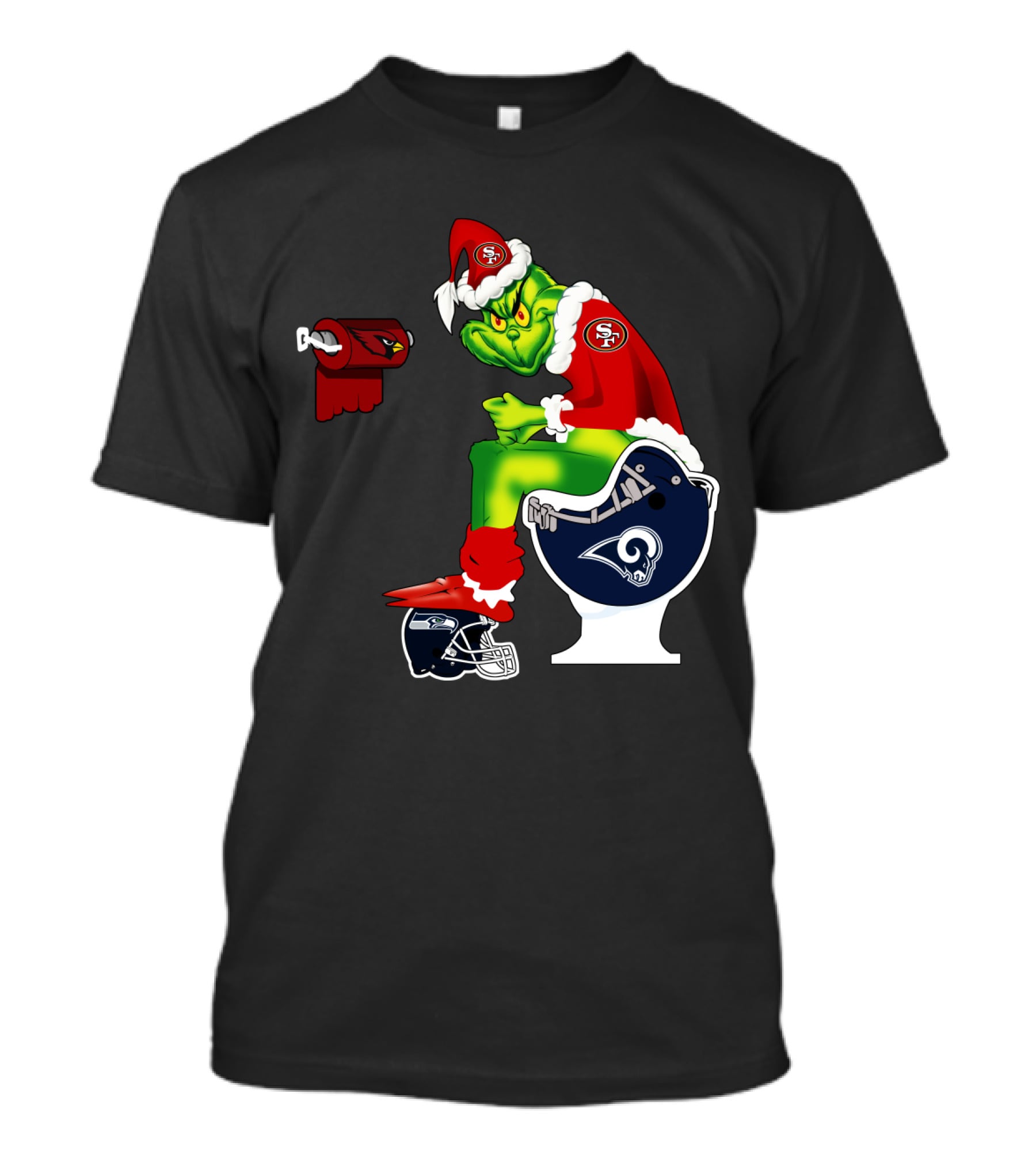 49ers Grinch On Rams Toilet With Cardinals Toilet Paper Seahawks Helmet T-Shirt