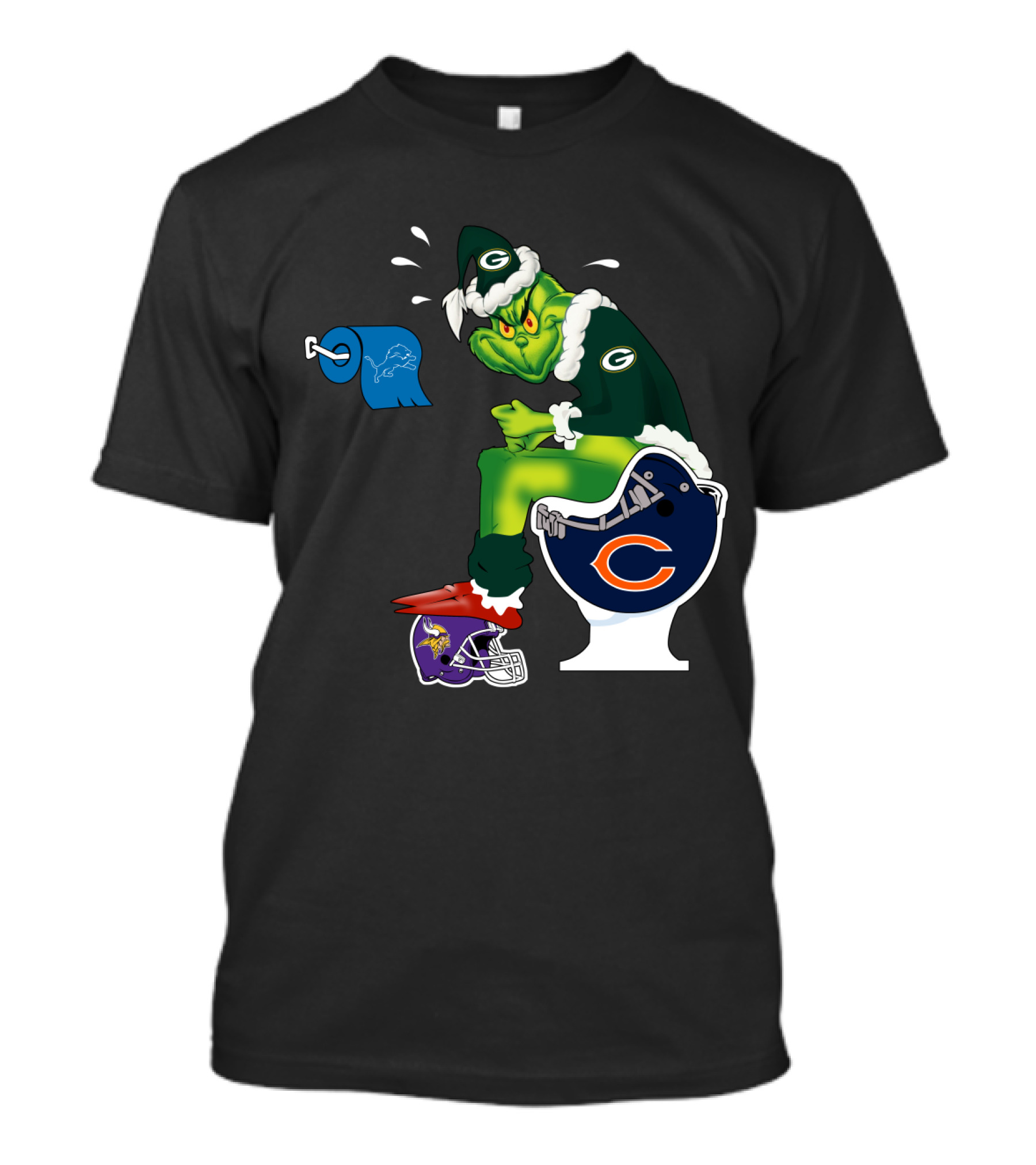 Packers Grinch Sitting On Bears Toilet Using Lions Paper With Vikings Helmet Shoes T-Shirt