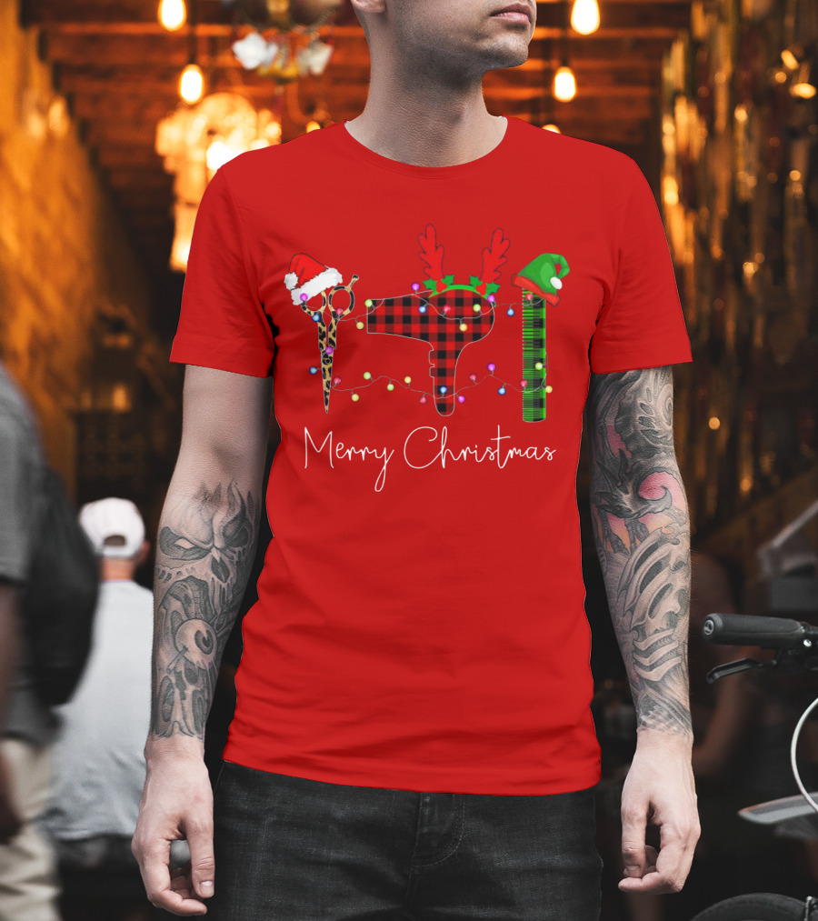 Hair Stylist Merry Christmas Scissors Dryer Comb Holiday Hat T-Shirt