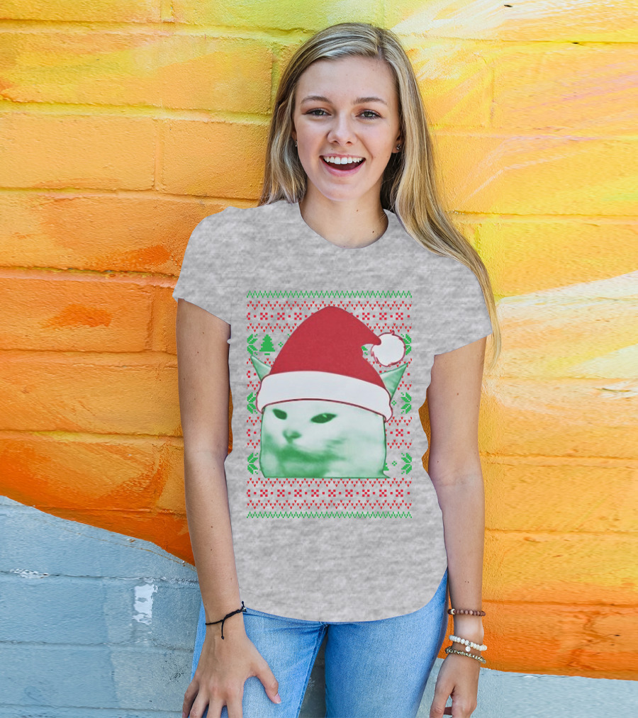 Santa Hat Cat Meme Christmas Pattern Raglan T-Shirt