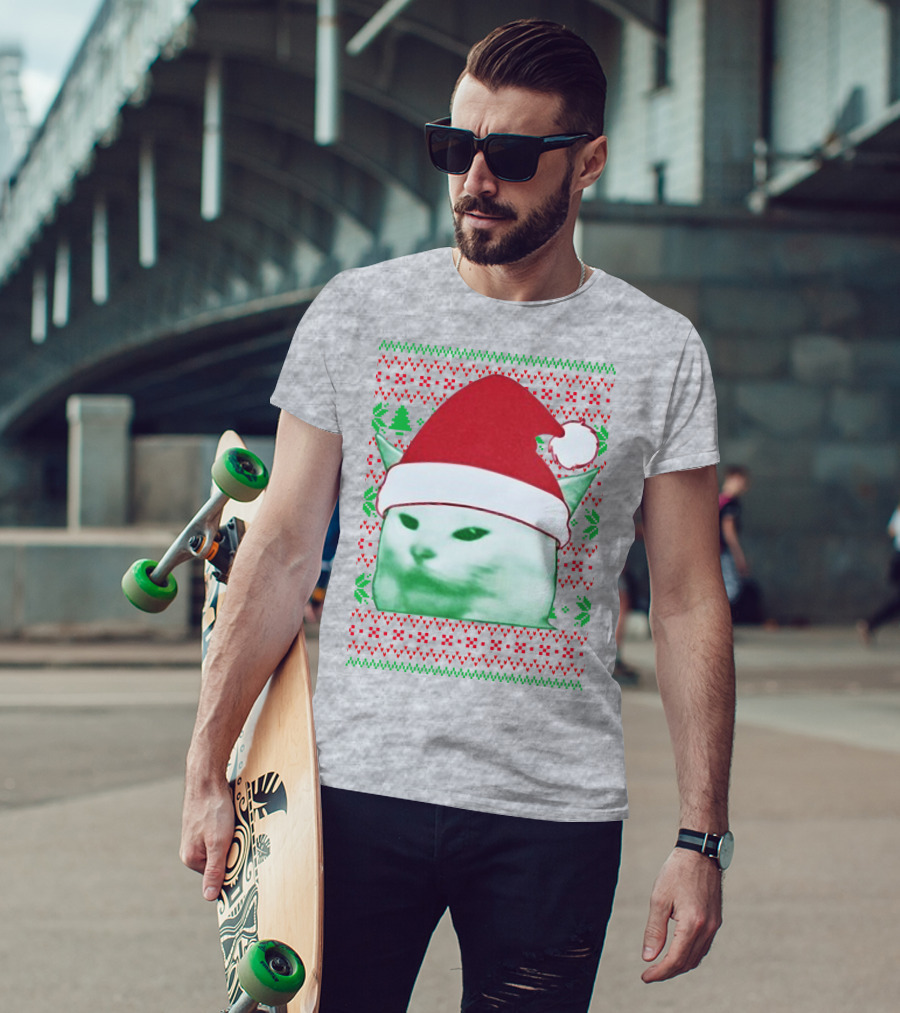 Santa Hat Cat Meme Christmas Pattern Raglan T-Shirt