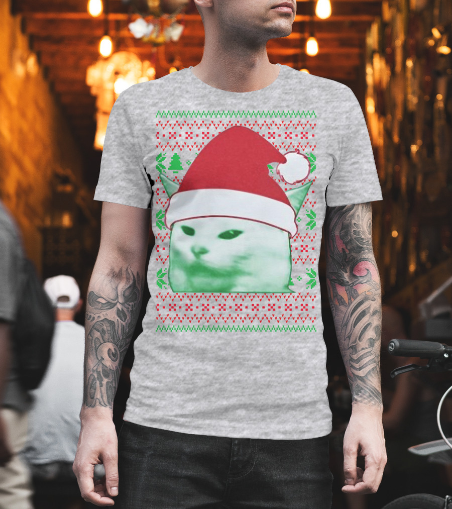 Santa Hat Cat Meme Christmas Pattern Raglan T-Shirt
