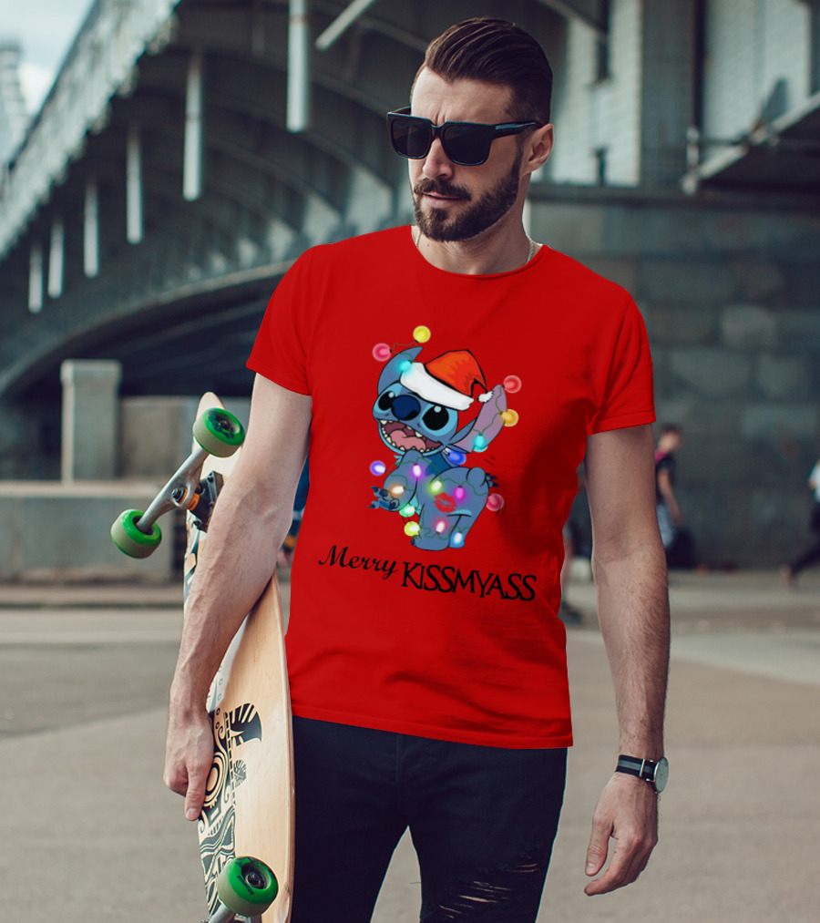 Merry Kissmyass Christmas Stitch Santa Hat Lights T-Shirt