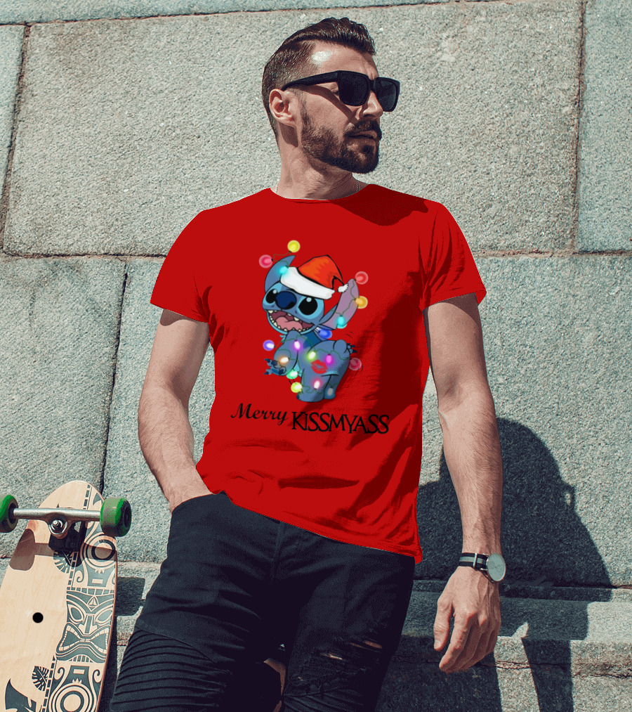 Merry Kissmyass Christmas Stitch Santa Hat Lights T-Shirt