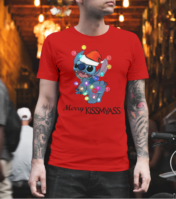 Merry Kissmyass Christmas Stitch Santa Hat Lights T-Shirt Merry Kissmyass Christmas Stitch Santa Hat Lights T-Shirt