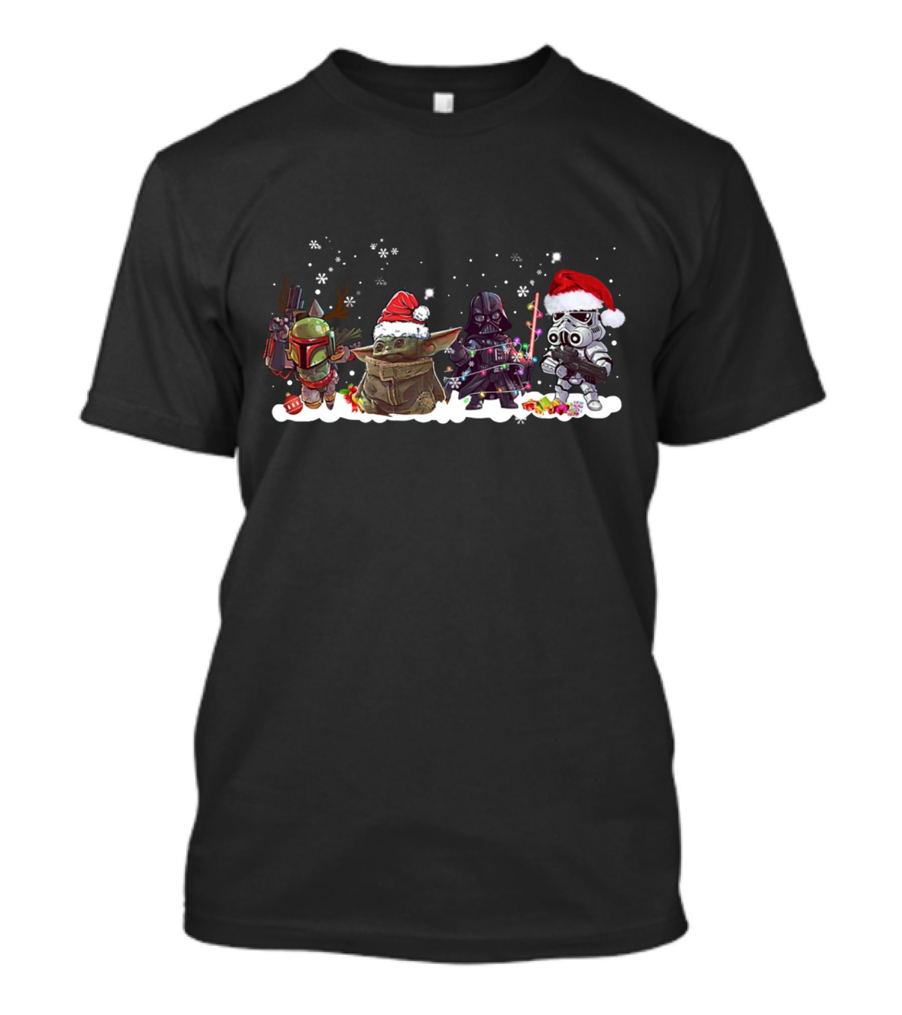 Boba Fett Baby Yoda Darth Vader And Stormtrooper Star Wars Christmas Santa Hats Snowflakes T-Shirt