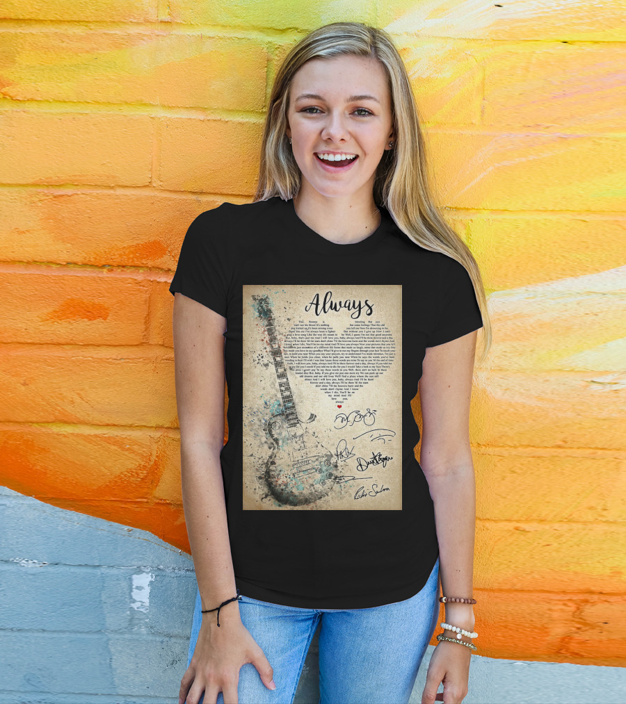 Always Bon Jovi Song Lyrics Guitar Art With Band Signatures T-Shirt