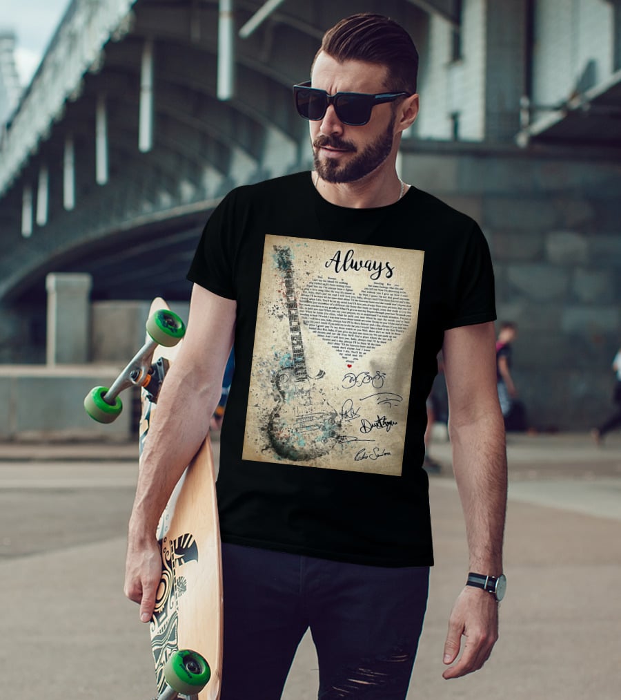 Always Bon Jovi Song Lyrics Guitar Art With Band Signatures T-Shirt