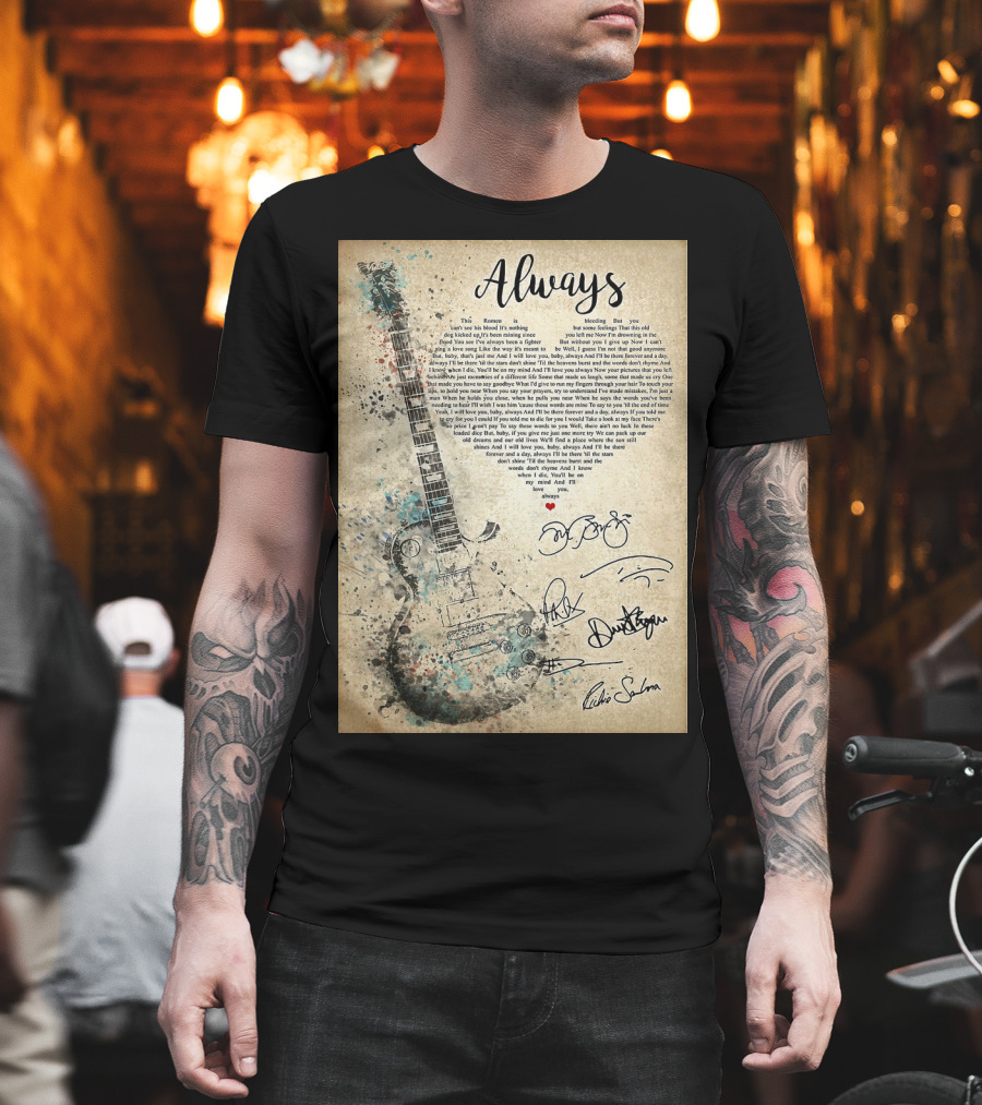 Always Bon Jovi Song Lyrics Guitar Art with Band Signatures T-Shirt