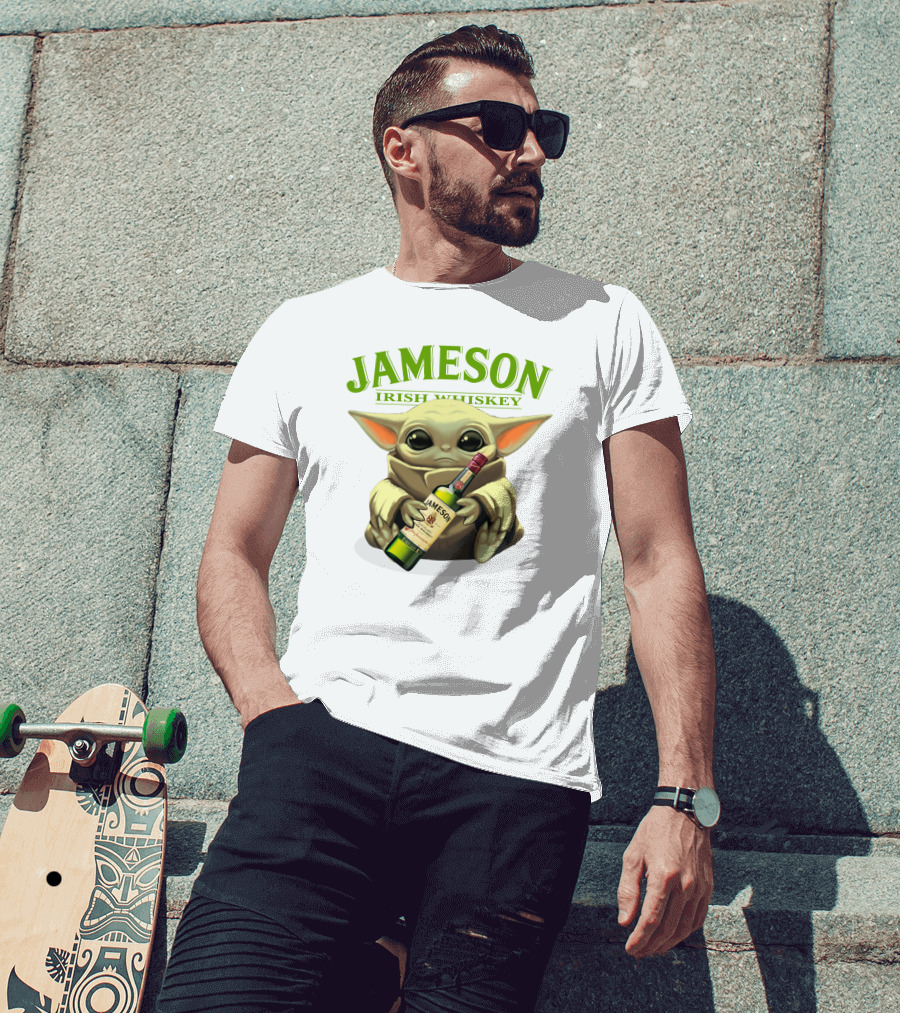 Jameson Irish Whiskey Baby Yoda Holding Whiskey Bottle T-Shirt