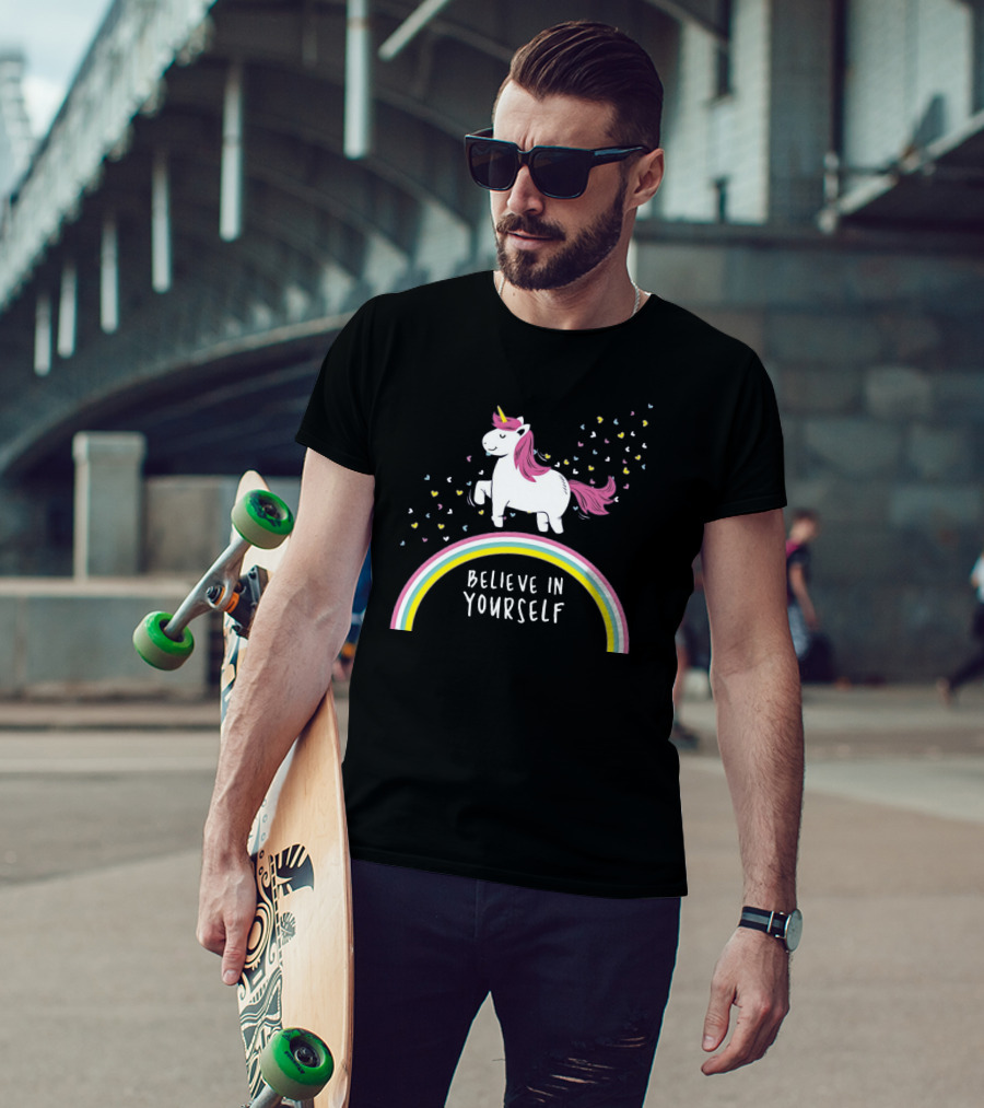 Believe In Yourself Cute Unicorn Rainbow Hearts T-Shirt