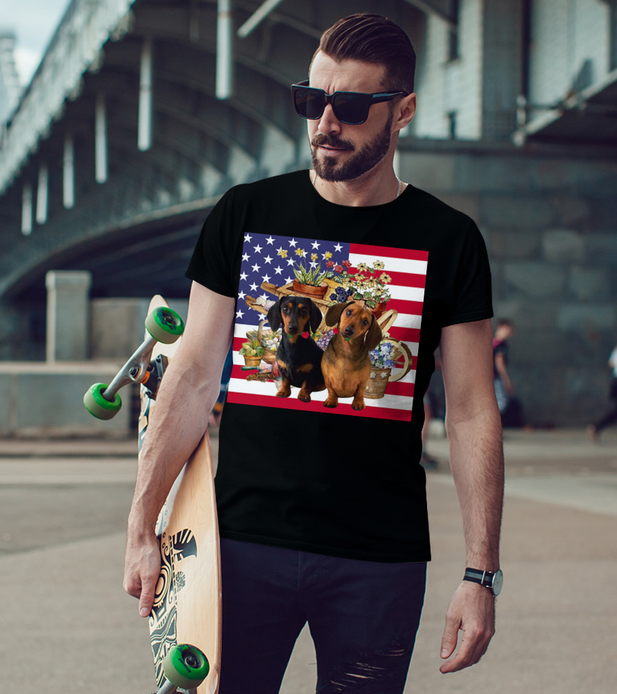 Daschund Flower Garden American Flag Backdrop Face Mask T-Shirt