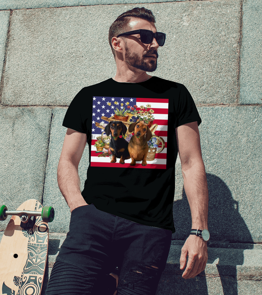 Daschund Flower Garden American Flag Backdrop Face Mask T-Shirt