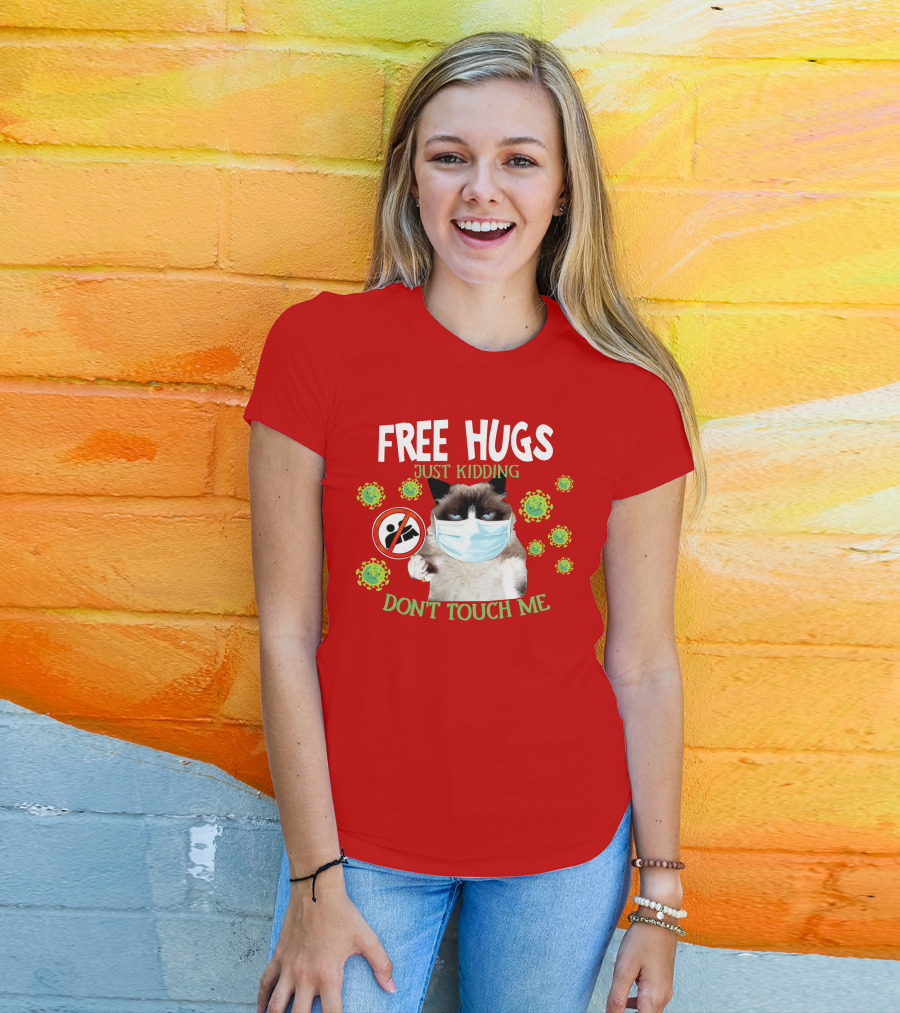 Free Hugs Just Kidding Don't Touch Me Masked Cat Virus T-Shirt