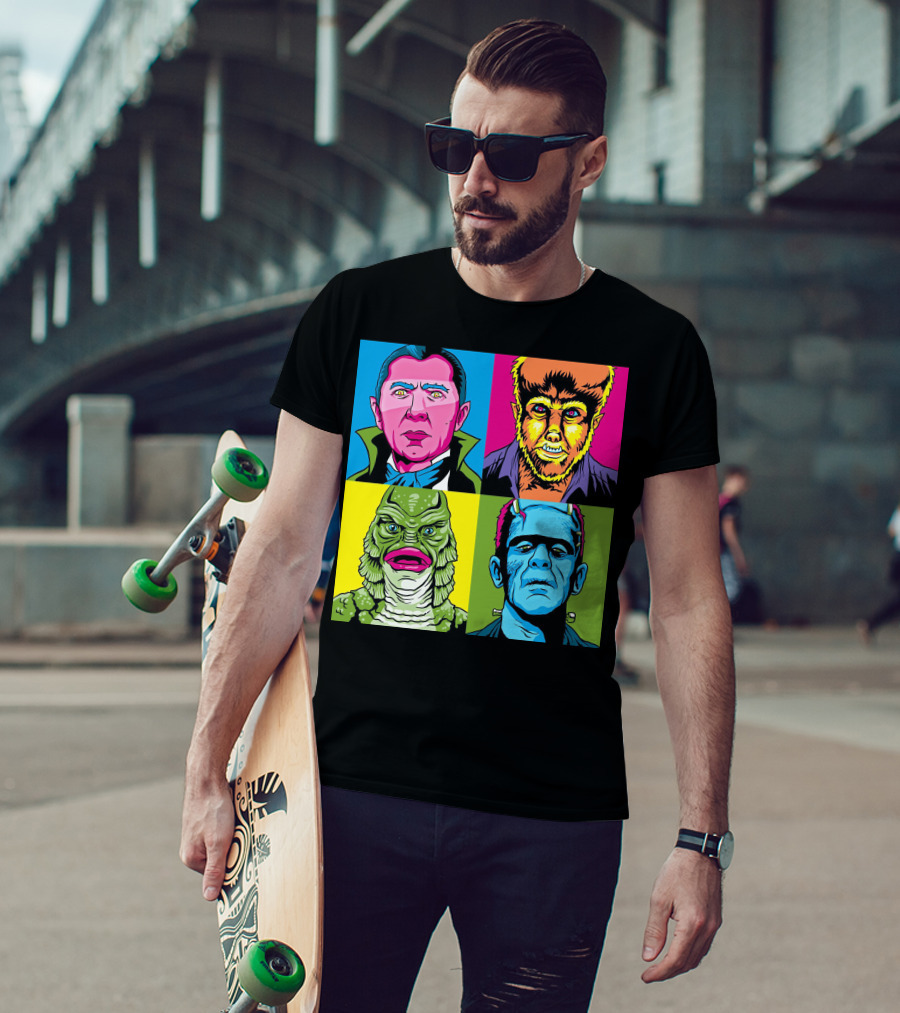 Dracula Frankenstein Wolfman Creature Horror Pop Art Icons T-Shirt