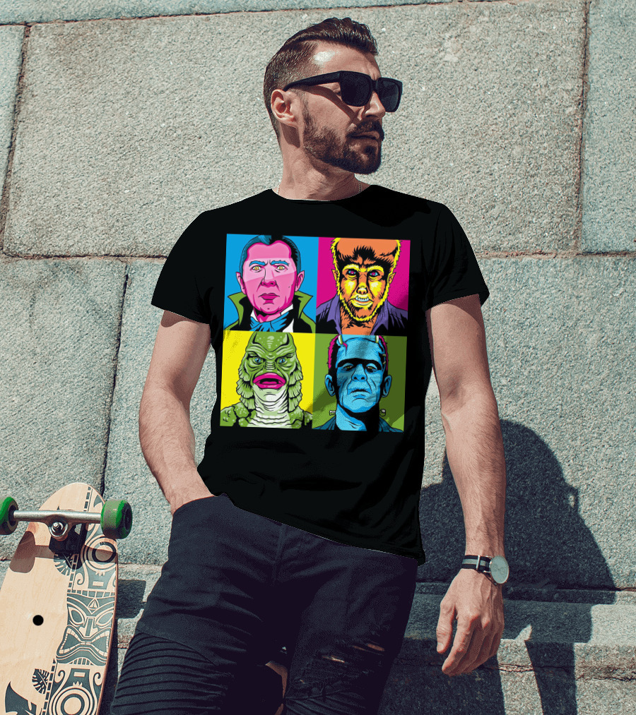 Dracula Frankenstein Wolfman Creature Horror Pop Art Icons T-Shirt