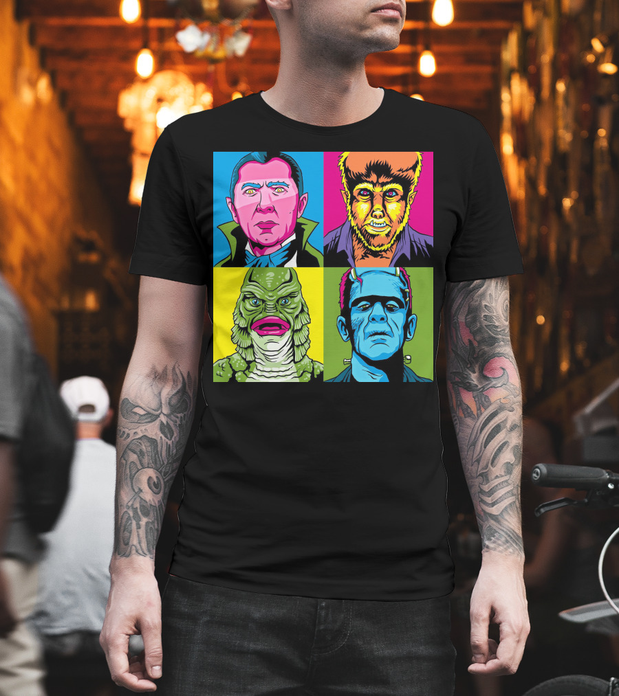Dracula Frankenstein Wolfman Creature Horror Pop Art Icons T-Shirt