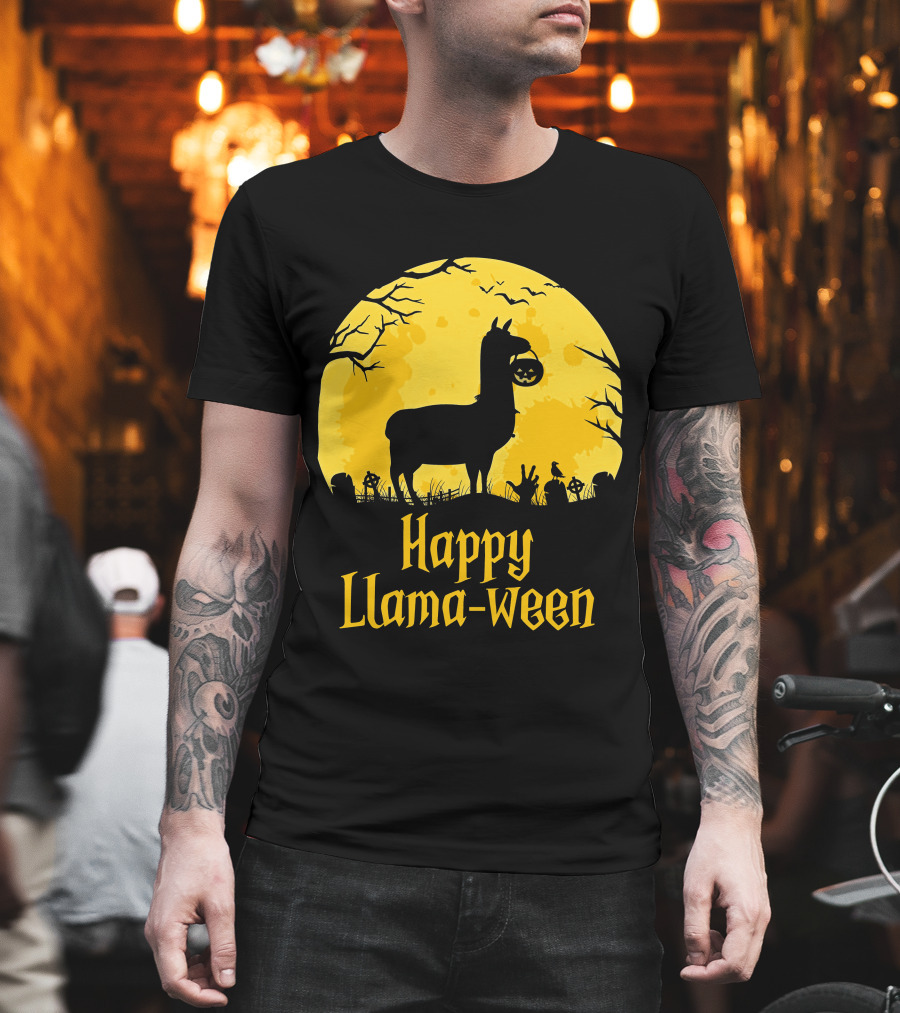 Happy Llamaween Llama Holding Pumpkin Silhouette In Spooky Halloween Scene T-Shirt