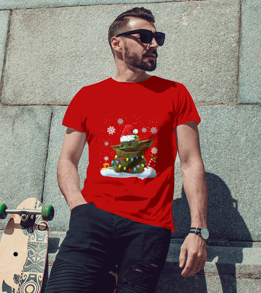 Santa Baby Yoda Christmas Lights Snowflakes Candy Cane Holiday Scene T-Shirt