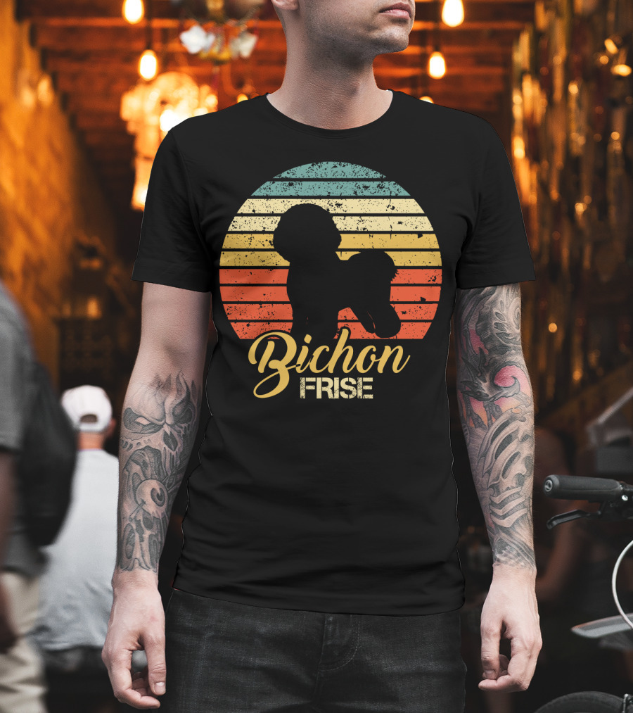 Retro Sunset Silhouette Bichon Frise Stripes T-Shirt
