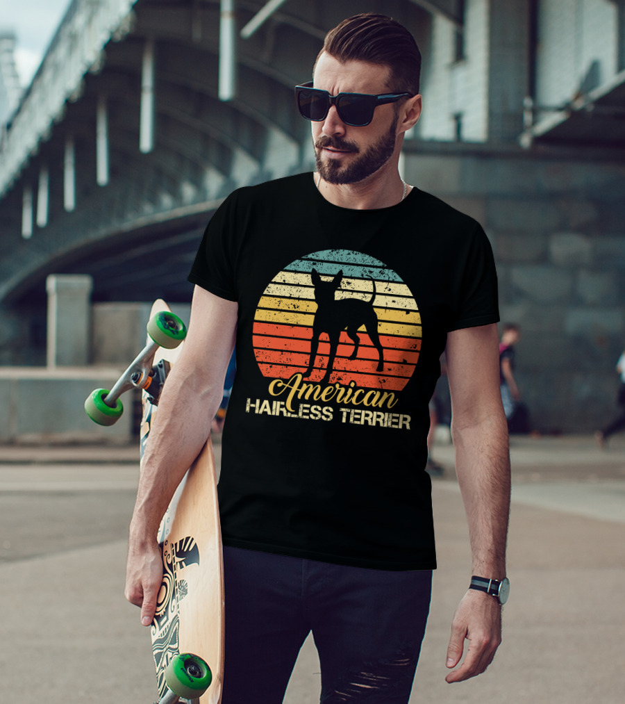 Retro Vintage American Hairless Terrier With Striped Sunset Background T-Shirt