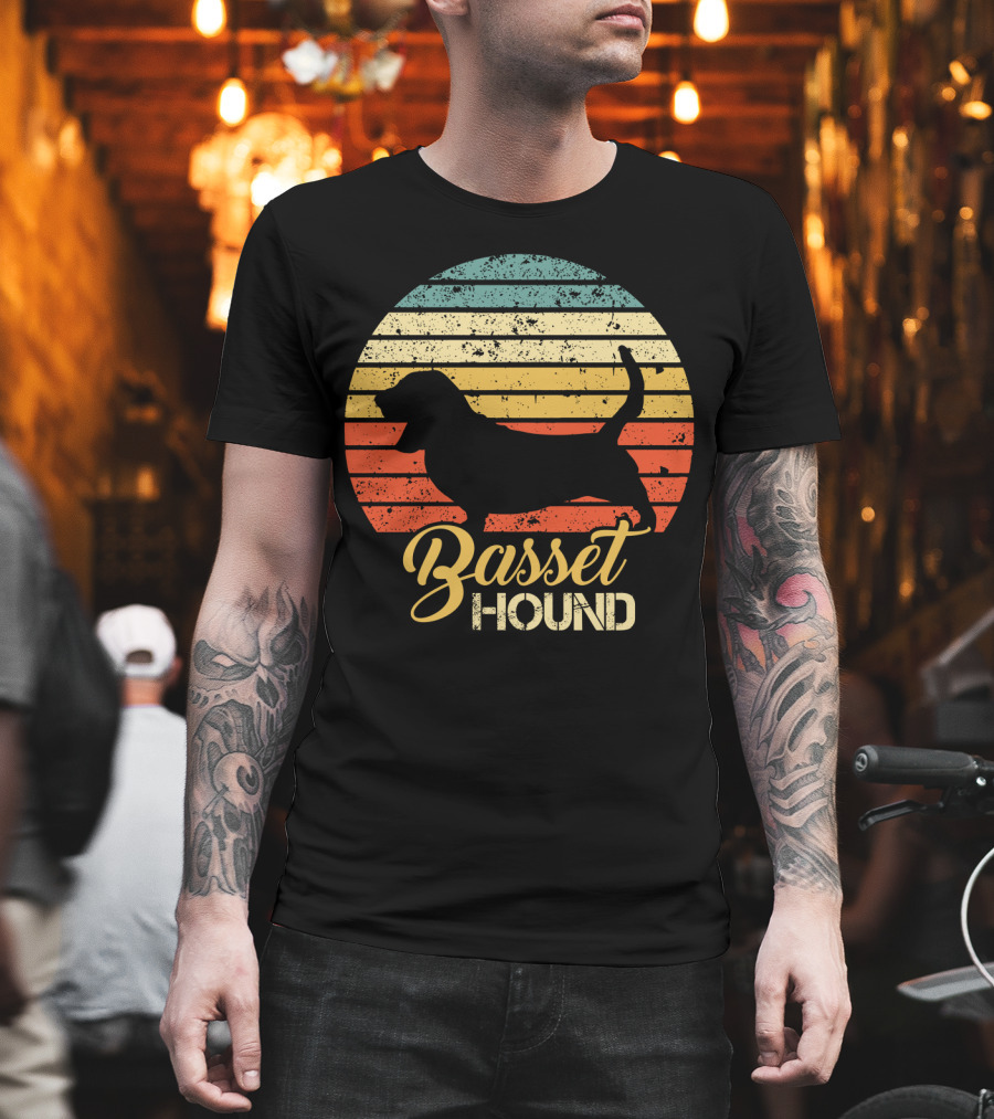 Retro Basset Hound Silhouette In Vintage Sunset T-Shirt