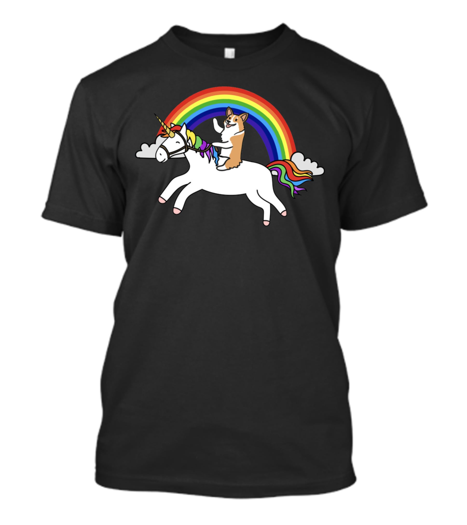 Corgi Riding Unicorn With Rainbow Arch And Cloud Elements T-Shirt