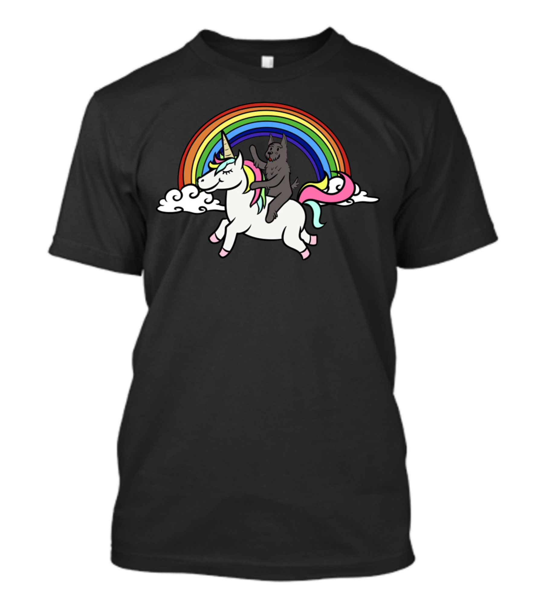 Scottie Dog Riding Unicorn With Rainbow In Clouds T-Shirt