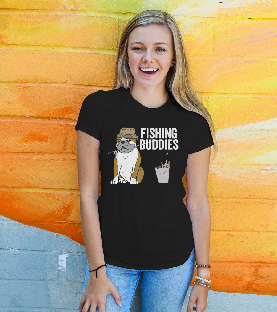 Bulldog Wearing Hat With Fishing Hook And Bucket - Fun Fishing Buddies T-Shirt