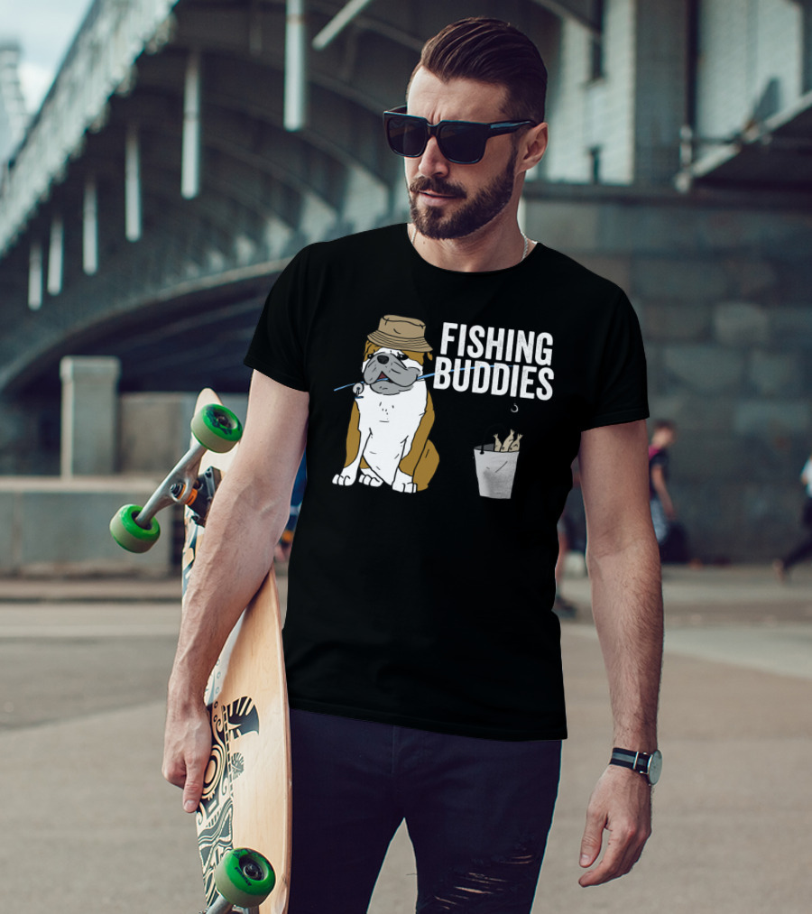 Bulldog Wearing Hat With Fishing Hook And Bucket - Fun Fishing Buddies T-Shirt
